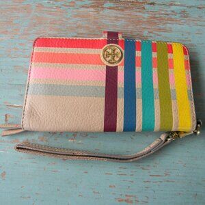 TORY BURCH RAINBOW MULTI COLOR STRIPED WALLET/WRISTLET LEATHER